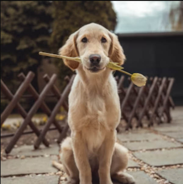 Golden Retriever with tulip - TreatBits zero carbon dog treats